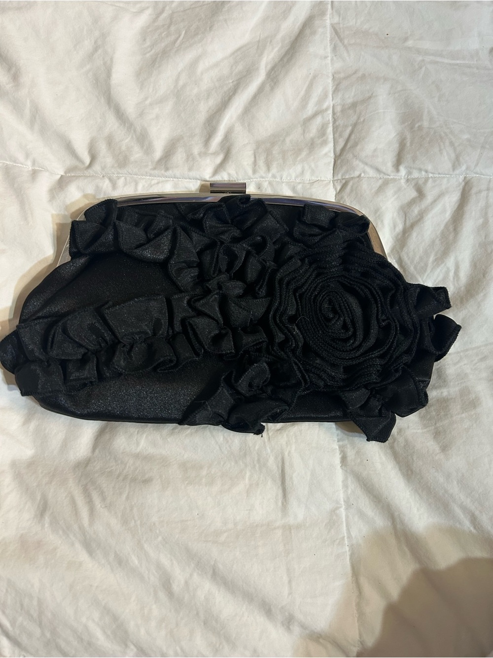 Elegant Black Ruffle Rose Clutch Bag